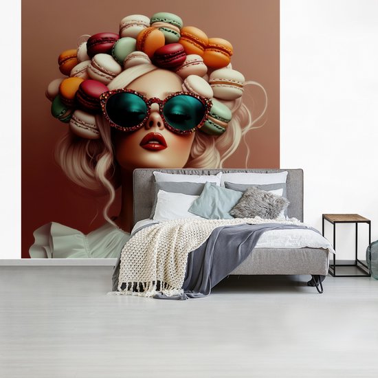 Behang - Fotobehang Vrouw - Macarons - Bril - Breedte 220 cm x hoogte 220 cm