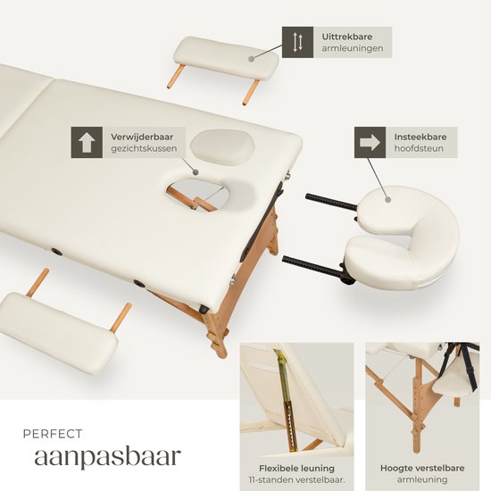 tectake® Massagetafel - 2 Zones, Opvouwbare en Draagbare Massagetafel met 5 cm Vulling, In Hoogte Verstelbaar, Mobiele Massagebank met Houten poten en Accessoires, Draagtas - Beige