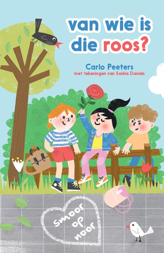 Boekcover met drie kinderen op een bankje, een meisje houdt een rode roos omhoog. Tekst: 'van wie is die roos?'.