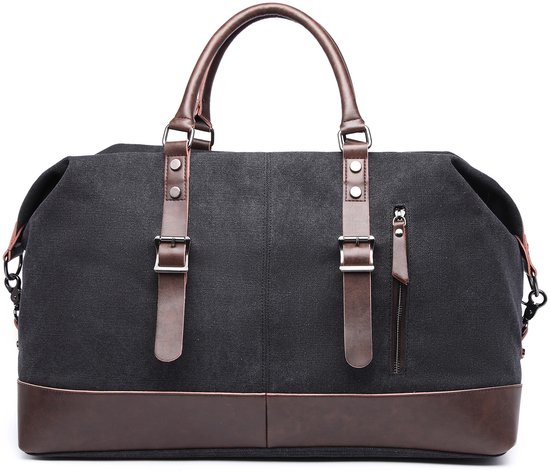 Zwarte canvas weekendtas met bruine lederen bodem, handvatten en gespen, op witte achtergrond.