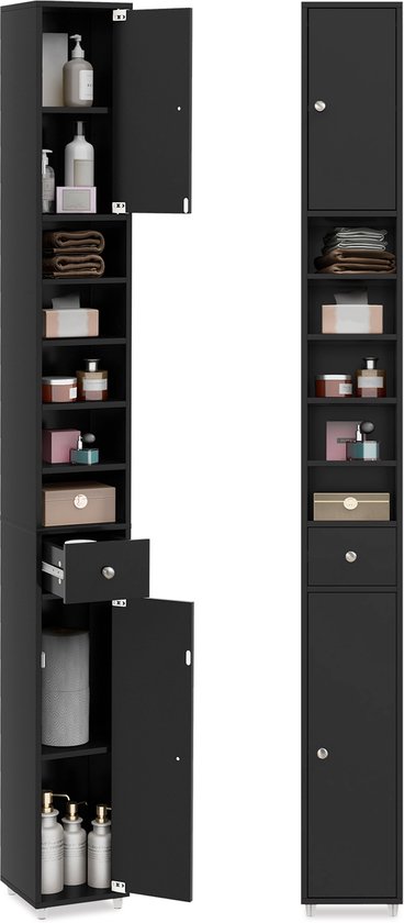COSTWAY Badkamerkast hoog kast smal, Opbergkast met 2 deuren, 1 lade en verstelbare planken, ruimtebesparend badkamerrek voor badkamer, woonkamer, keuken, 20 x 20 x 180 cm