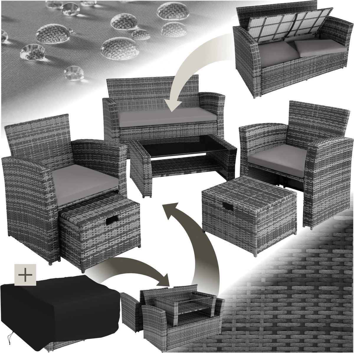tectake - Wicker zitgroep tuinset Modena - grijs - incl. beschermhoes - 403279