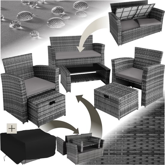 tectake® - wicker tuinzitgroep voor 4 personen met kruk, poly rotan tuinmeubelset met ingebouwde opbergbox in de bank - grijs - incl. beschermhoes