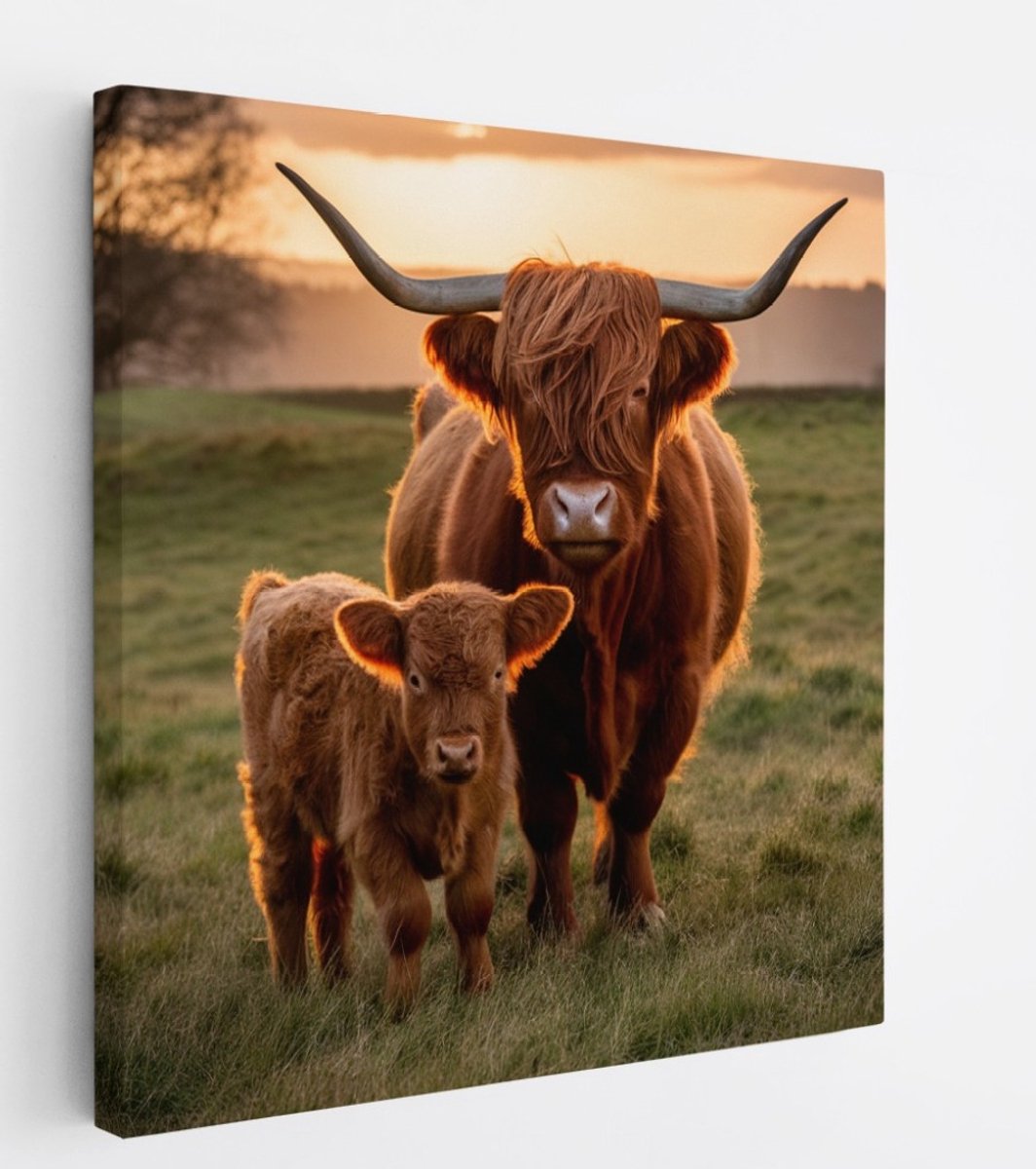 Saammp Canvas Schilderij - Schotse Hooglander Koe tussen de roze bloesem - Dieren - Natuur - 20x20 - Foto op canvas - Wanddecoratie - muurdecoratie Woonkamer - Slaapkamer decoratie - Canvas Print