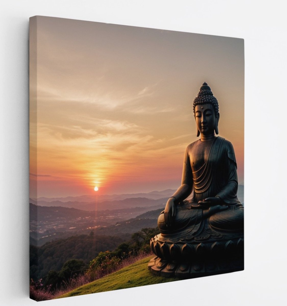 Saammp Canvas Schilderij - Boeddha bij mooie Zonsondergang - Landschap - 100x100 - Foto op canvas - Wanddecoratie - Muurdecoratie Woonkamer - Canvas schilderijen Multicolor