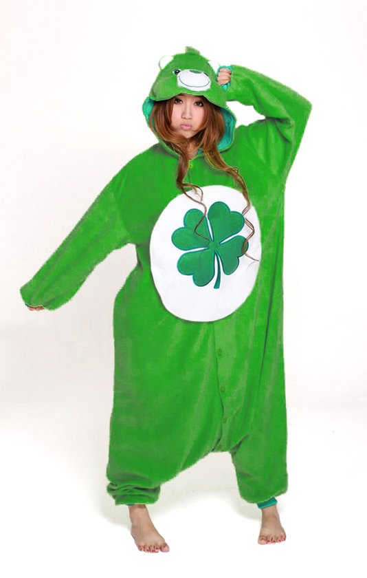 KIMU Onesie Groene Troetelbeer Pak - Maat 140-146 - Troetelberenpak Beer Kostuum Good Luck Klavertje Vier - Berenpak Huispak Meisje Jongen Halloween