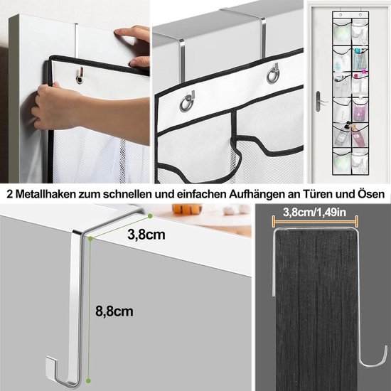 FitRepa Hangende schoenenorganizer, hangend met 12 grote vakken, boven de deur, schoenenrek voor kast, met 3 metalen haken en 3 haken, zelfklevend, grijs