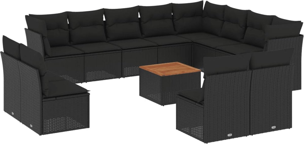 The Living Store 13-delige Loungeset met kussens poly rattan zwart - Loungeset - Tuinlounge - Loungemeubels - Buitendecoratie - Outdoor Furniture