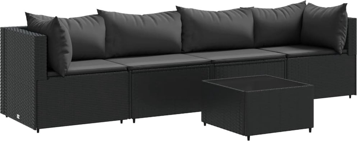 The Living Store 5-delige Loungeset met kussens poly rattan zwart - Loungeset - Lounge Set - Buitendecoratie - Tuinmeubels - Outdoor Furniture