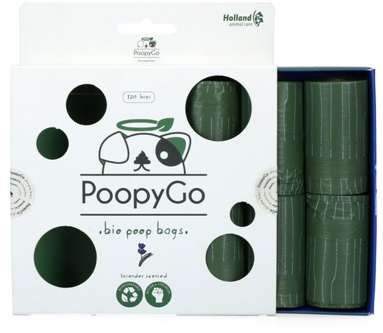 PoopyGo poepzakjes met lavendel geur – 100% biologisch afbreekbaar – 8 rollen - 120 poepzakjes – Poepzakjes hond - Donkergroen