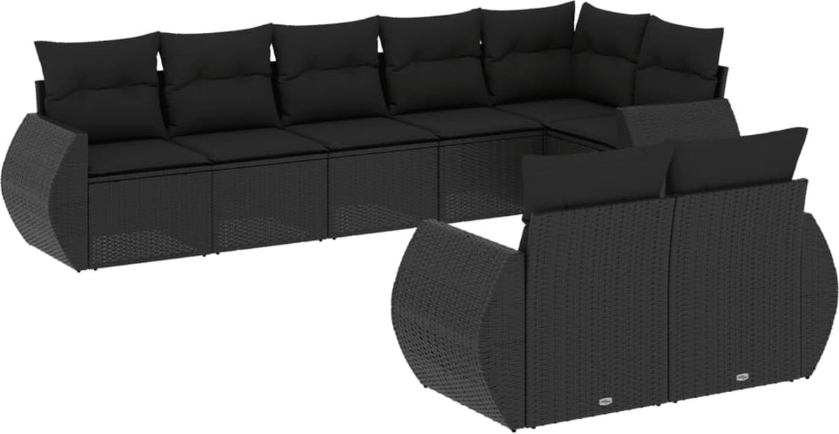 The Living Store 8-delige Loungeset met kussens poly rattan zwart - Tuinmeubles - Lounge Set - PE Rattan - Outdoor Furniture - Tuinset