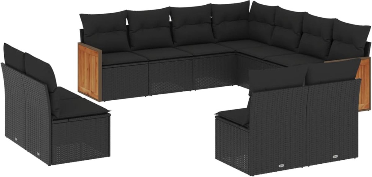 The Living Store 11-delige Loungeset met kussens poly rattan zwart - Loungebank - Tuinset - Lounge Set - Buitendining - Tuinmeubels