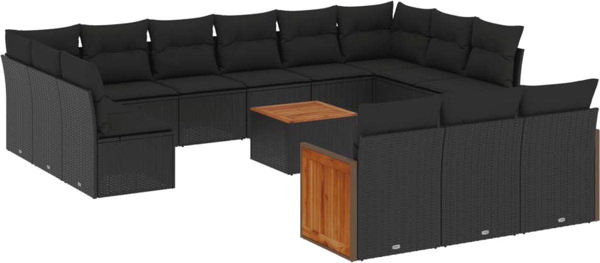 The Living Store 14-delige Loungeset met kussens poly rattan zwart - Loungebank - Lounge Set - Tuinlounge - Buitendecoratie - Outdoor Furniture