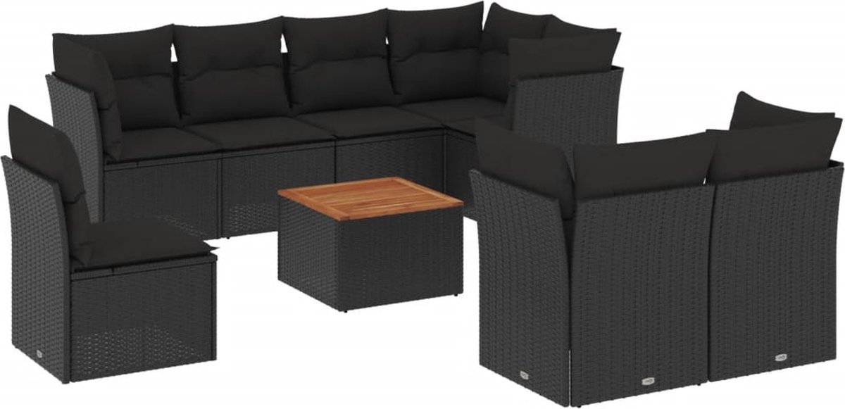 The Living Store 9-delige Loungeset met kussens poly rattan zwart - Loungeset - Tuinlounge - Loungemeubels - Buitendining - Outdoor Living