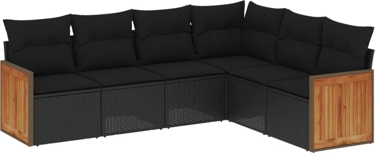 The Living Store 6-delige Loungeset met kussens poly rattan zwart - Loungebank - Lounge Set - Tuinset - Buitendecoratie - Outdoor Furniture