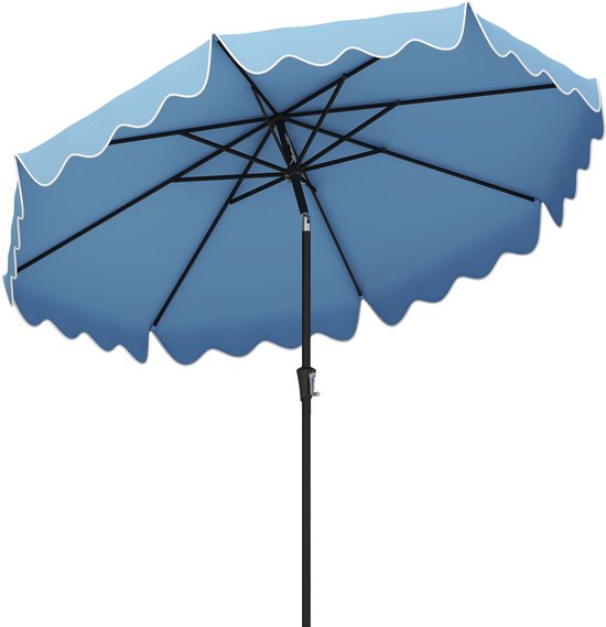 COSTWAY 270 Cm Tuinparasol Met Zwengel En Volant - Kantelbaar Terrasparasol Beige/Marineblauw