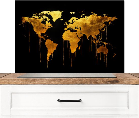 Crédence de Cuisinière en Aluminium 90x60 cm - Carte du monde - or - goutte à goutte - noir - Écran Pare-éclaboussures pour Plaque de Cuisson - Protection Murale