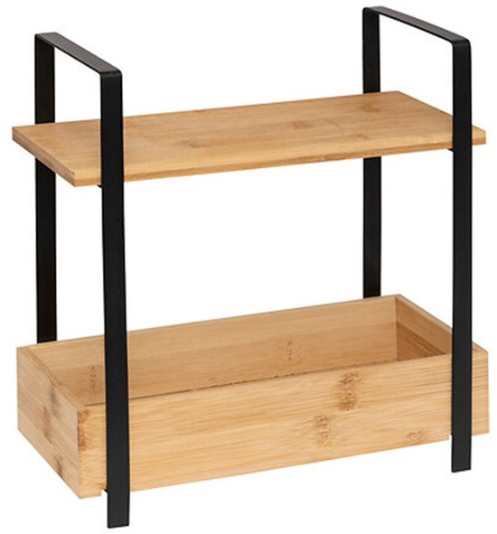 Tweelaags bamboe keukenrekje met zwart metalen frame.