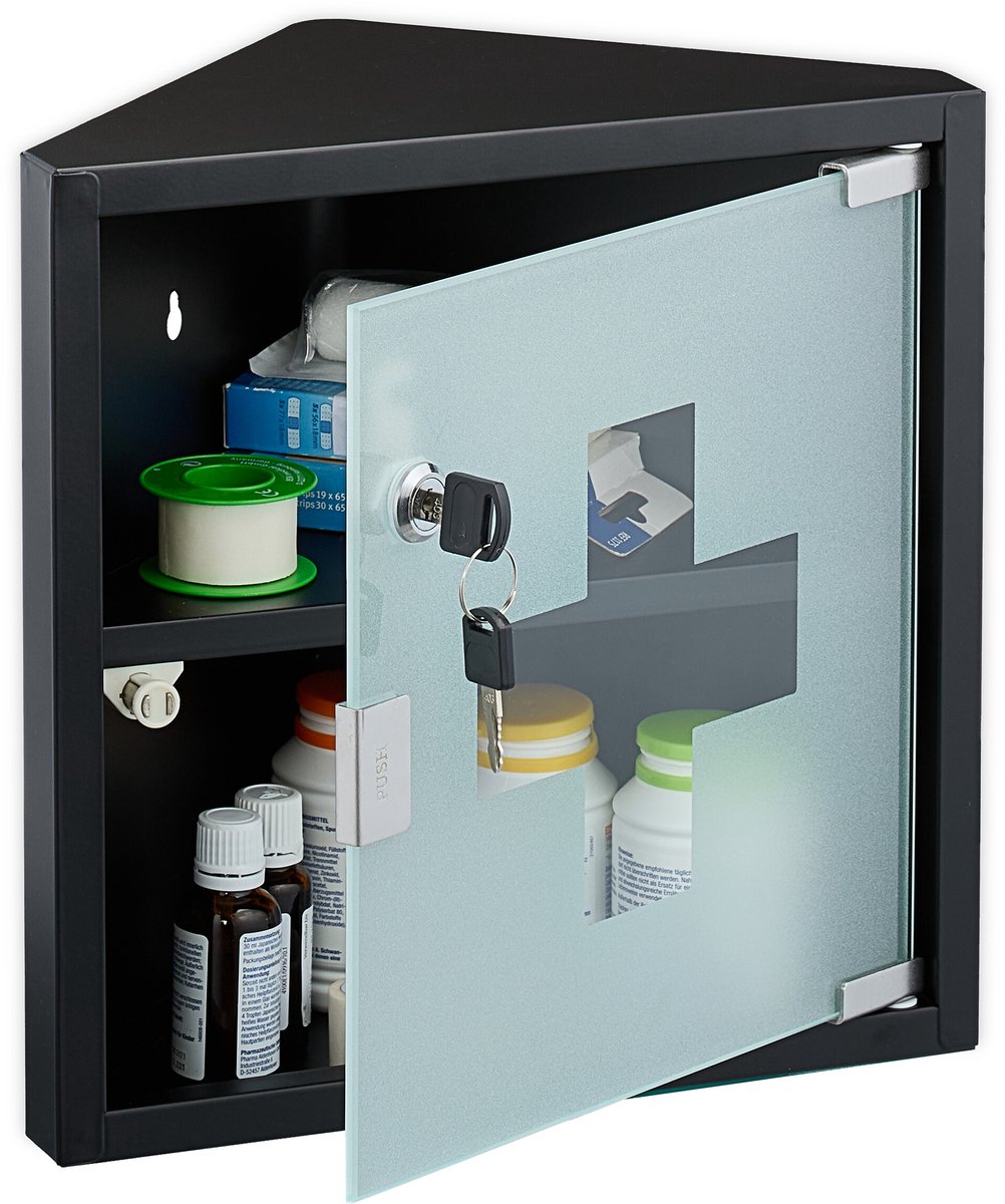 medicijnkastje met slot - 2 vakken - hoek - 30 x 30 x 17,5 cm - staal - zwart