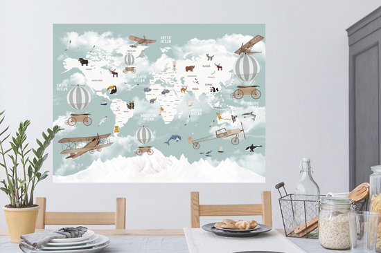 Muurstickers - Sticker Folie - Wereldkaart - Kind - Vliegtuig - 120x90 cm - Plakfolie - Muurstickers Kinderkamer - Zelfklevend Behang - Zelfklevend behangpapier - Stickerfolie