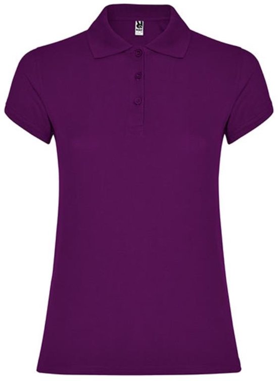 Paarse dames polo van Roly met korte mouwen en knoopjes.