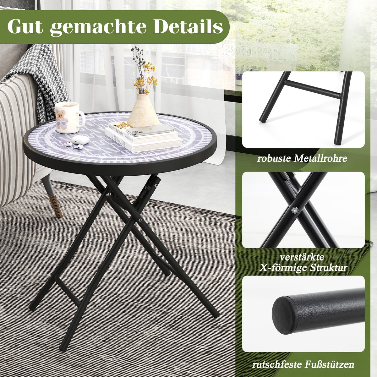 COSTWAY Bijzettafel inklapbaar, kleine klaptafel, tuintafel, ronde balkontafel eettafel voor balkon, tuin, terras, grijs thumbnail 2