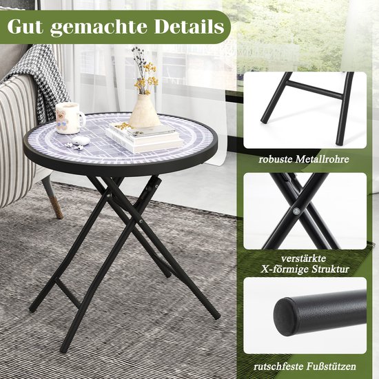 COSTWAY Inklapbare Bijzettafel Rond - 46x48 Cm Gehard Glas - Grijs - Terras & Balkon Tafel