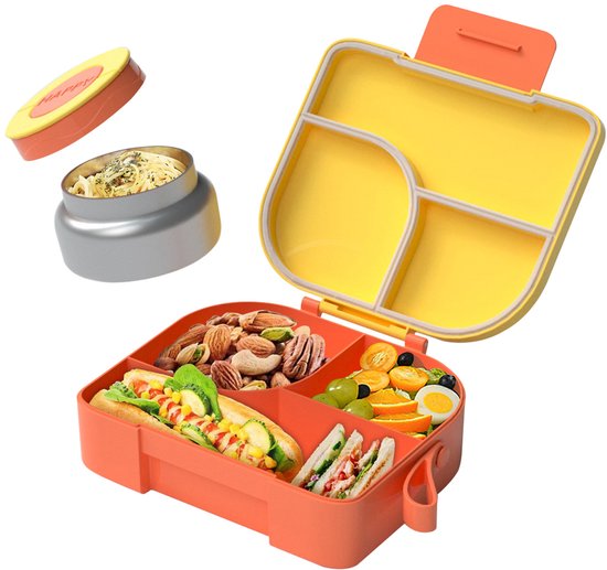 BentOH! Boîte à bento Enfants et Adultes - Jaune - Boîte à lunch étanche avec compartiments - Compatible micro-ondes et lave-vaisselle - Comprend un ensemble de cuillères gratuit