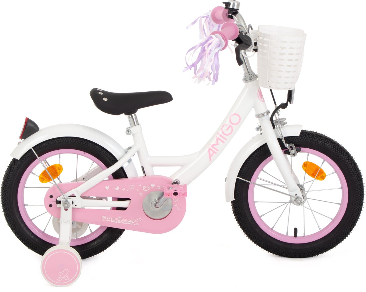 AMIGO Perfect Meisjesfiets - Kinderfiets voor Meisjes - 14 Inch 22 cm - Terugtraprem - Wit/Roze
