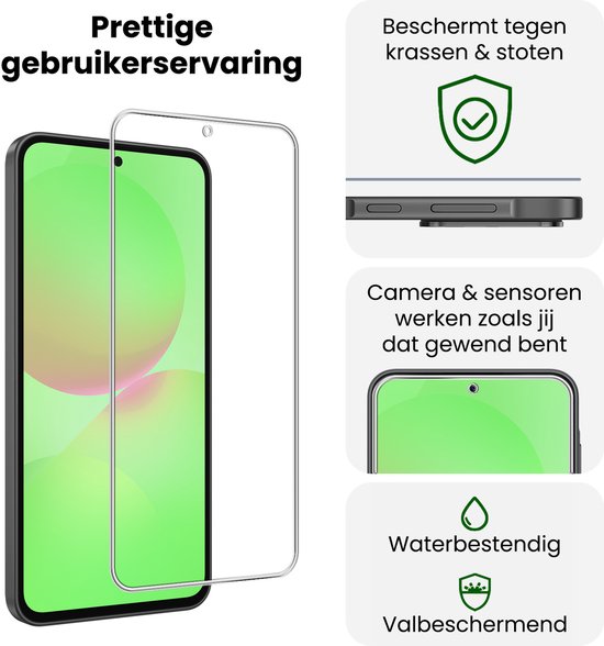Schermprotector 'Prettige gebruikerservaring', 'Beschermt tegen krassen & stoten', 'Camera & sensoren werken zoals jij dat gewend bent', 'Waterbestendig' en 'Valbeschermend'.
