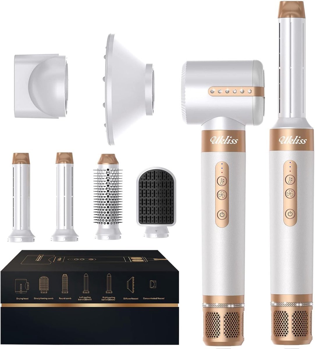 7-in-1 Haarstylingset met Hete Luchtborstel - Hoge Snelheid Motor, 110000 RPM - Inclusief 7 Hulpstukken voor Drogen, Rechttrekken, Krullen, Volumiseren en Hoofdhuid Massages