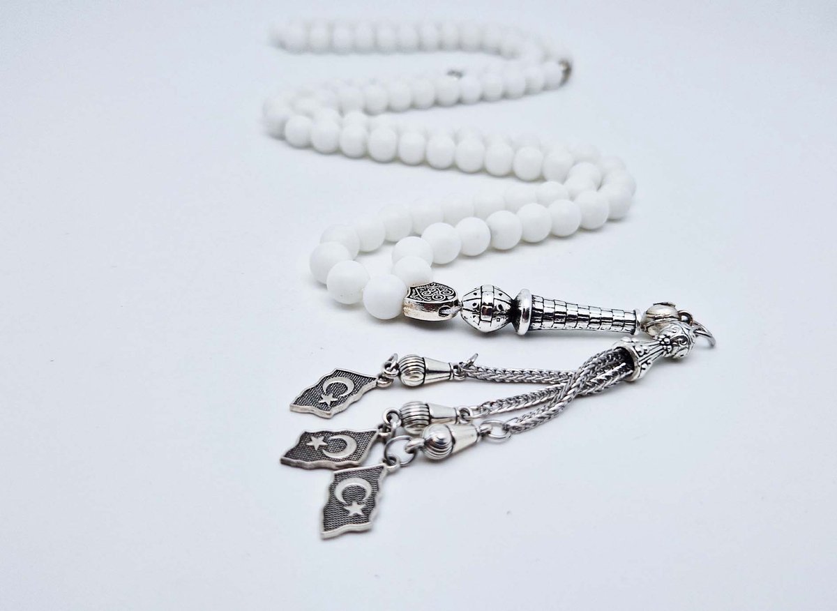 Handgemaakte tesbih "Tasbih" natuursteen "Mat Witte agaat" - Aantal kralen 99 - Diameter kralen 8MM - met metaal tassel "Turkiye" - Een mooi cadeau-idee