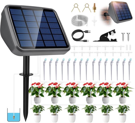 TRJZWA Druppelirrigatieset, zonne-energie, 2200 mAh, automatisch irrigatiesysteem, timer op zonne-energie voor buiten, voor bloempot, met 15 m, irrigatieslang en waterniveauherkenning