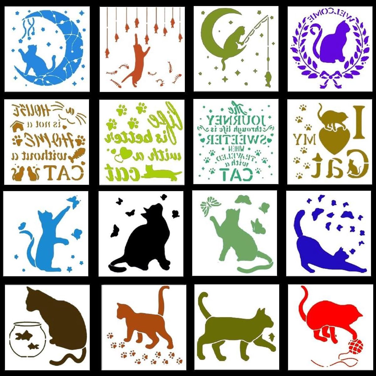 20 x 20 cm kattensjablonen - 16 stuks voor tekenen en schilderen