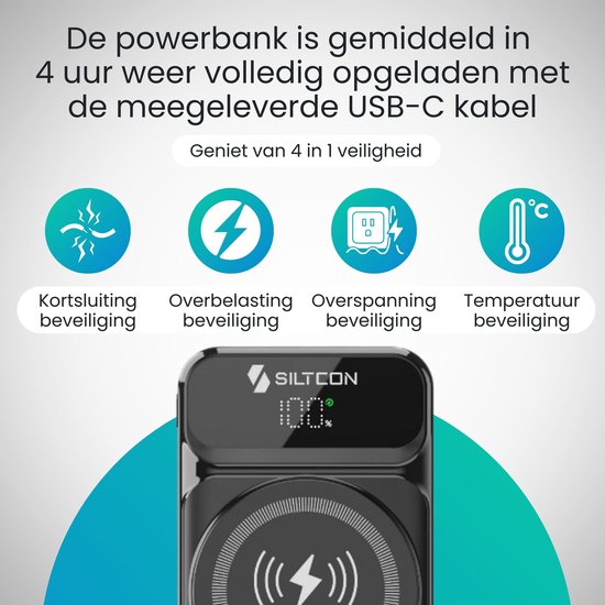 Zwarte Siltcon powerbank met 100% batterij en 4-in-1 veiligheid: kortsluiting, overbelasting, overspanning, temperatuur.