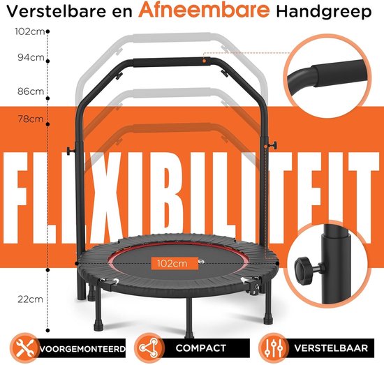 Zwarte fitness trampoline met verstelbare handgreep in 4 standen. Afmetingen Ø102cm, hoogte 22cm tot 102cm.