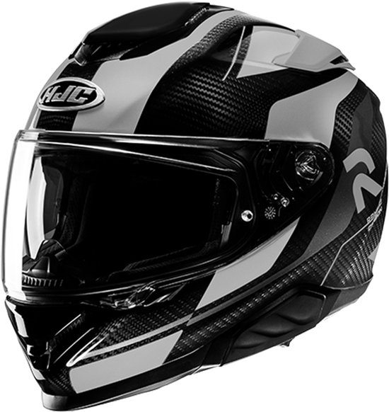 HJC RPHA 71 integraalhelm in zwart, grijs en carbonlook met een helder vizier.