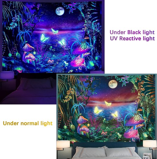 Ulticool - Lune Champignons Papillons - Glow in the Dark Tapisserie Décoration Magic - Psychédélique - Lumière noire Party Tapisserie Fond Tissu - 200x150 cm - Toile de Fond UV Lampe Réactive - Groot Tapisserie - Affiche - Siècle des Lumières Néon
