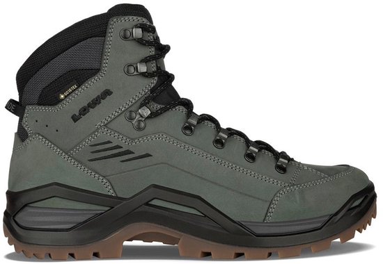 Grijze Lowa Renegade Evo Goretex Mid wandelschoen met zwarte accenten.