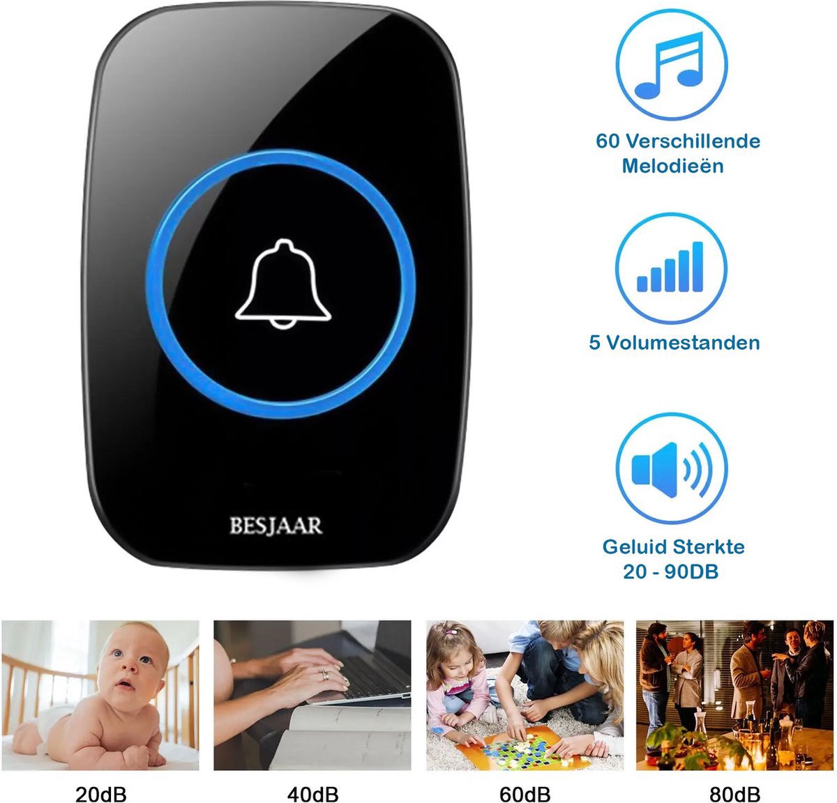 Besjaar Deurbel - deurbel draadloos - Draadloze Deurbel - Inclusief Batterijen - Deurbellen - IP44 Waterdicht - Zwart — cadeau in Elektronica - foto 2