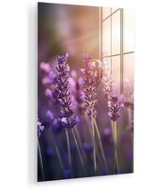 MuchoWow® Glasschilderij 120x180 cm - Schilderij acrylglas - Lavendelbloemen - Paars - Zonlicht - Foto op glas - Muurdecoratie woonkamer - Wanddecoratie slaapkamer - Schilderijen