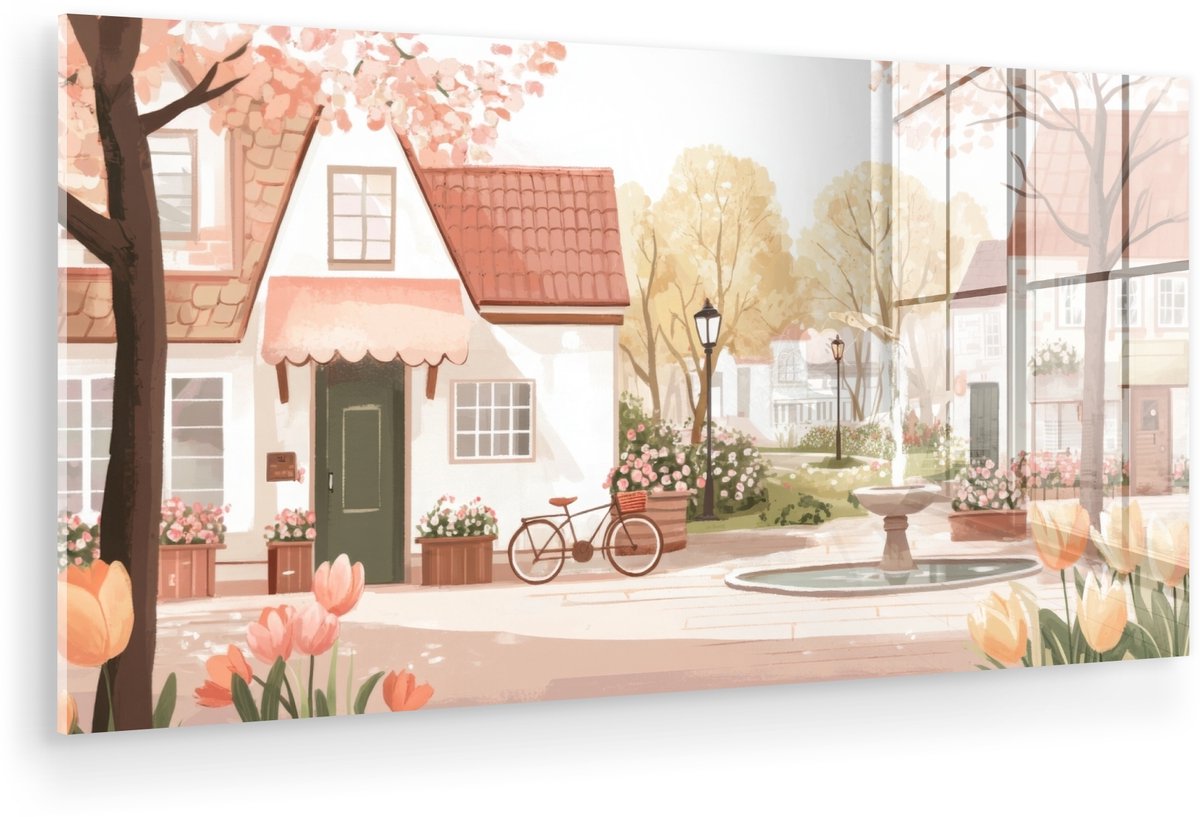 MuchoWow® Glasschilderij 120x60 cm - Schilderij acrylglas - Dorpsplein - Fontein - Tulpen