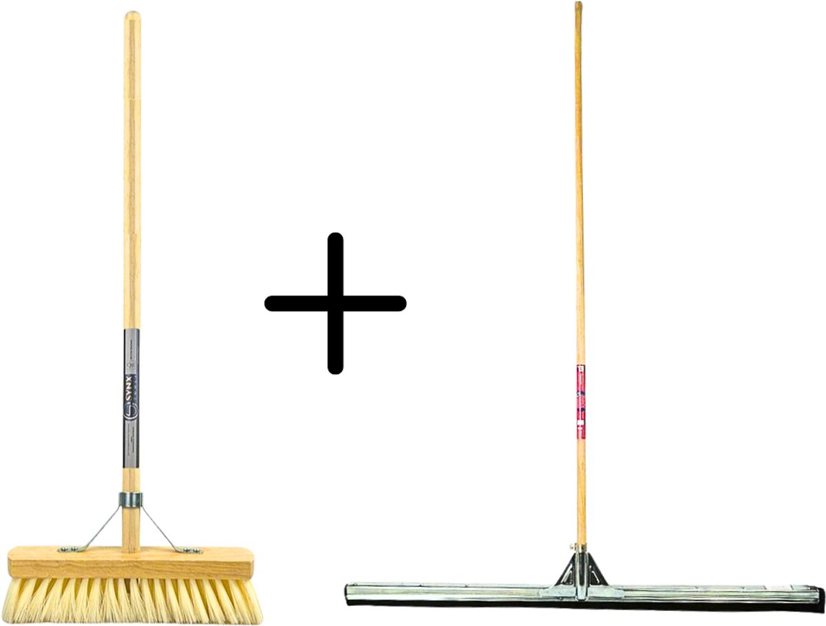 Synx Tools Fibersoft 30cm + Vloertrekker 100cm met Steel 150cm - Zaalveger – Vloerreiniger – Moppen - Zachte binnenbezem met steel 140cm