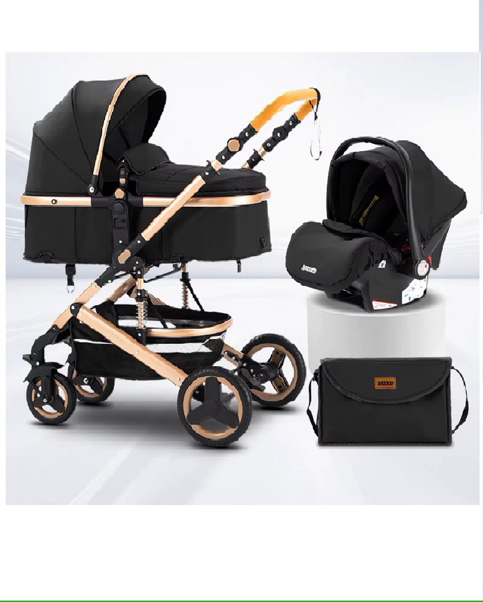 3-in-1 Kinderwagen Luxe Buggy Zwartgoud met Reiswieg en Autostoel thumbnail 6