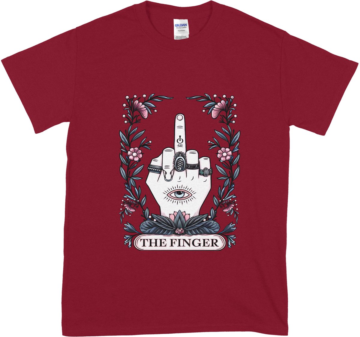 Grappig T shirt Dames en Heren - Komische Tarotkaart 'The Finger' - Rood - XL
