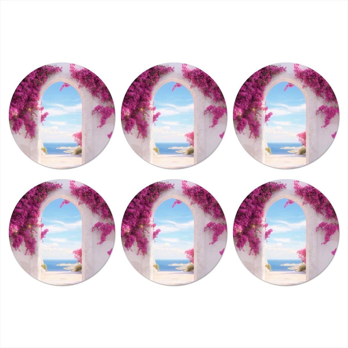 Onderzetters voor glazen - Rond - Zee - Roze - Bloemen - Poort - 10x10 cm - Glasonderzetters - 6 stuks
