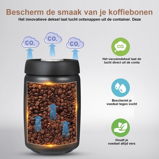 Boîte de conservation Café vide brevetée de Premium - Bocal hermétique de 1 200 ml avec pompe à vide manuelle - Préserve la fraîcheur des Grains de café et du Café moulu - Design moderne et élégant