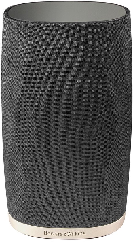 Zwarte stoffen luidspreker met crèmekleurige basis met 'Bowers & Wilkins' logo.