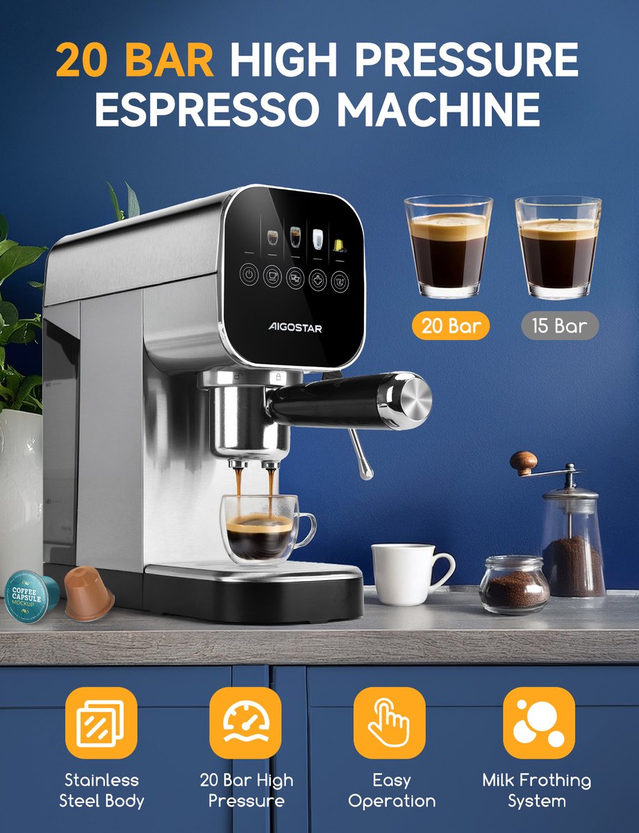 Afbeelding 2 van Aigostar Espressomachine 20 Bar - Koffiemachine met Automatische Melkopschuimer - Pistonmachine Cappuccino & Latte - Italiaanse pomp -2 kopjes - Zilver