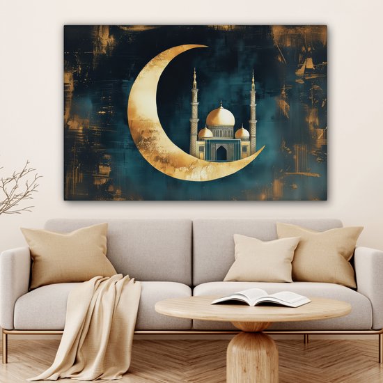 Peinture sur toile 120x80 cm - Décoration murale Mosquée - Croissant de lune - Or - Ramadan - Islamique - Décoration murale salon - Décoration chambre - Accessoires chambre - Peintures sur toile